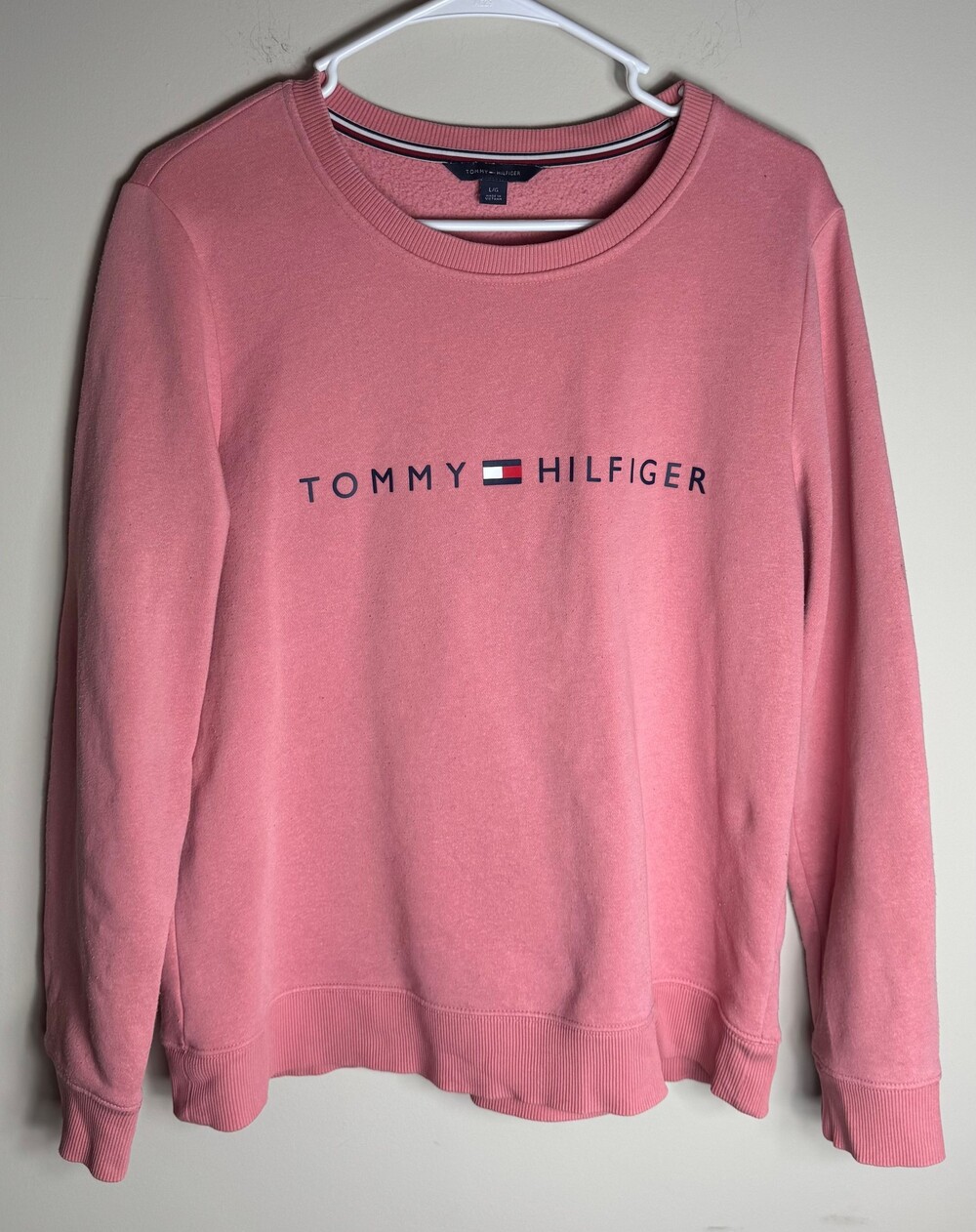 Tommy Hilfiger Large Pink Crewneck Sweatshirt Logo Cotton Blend